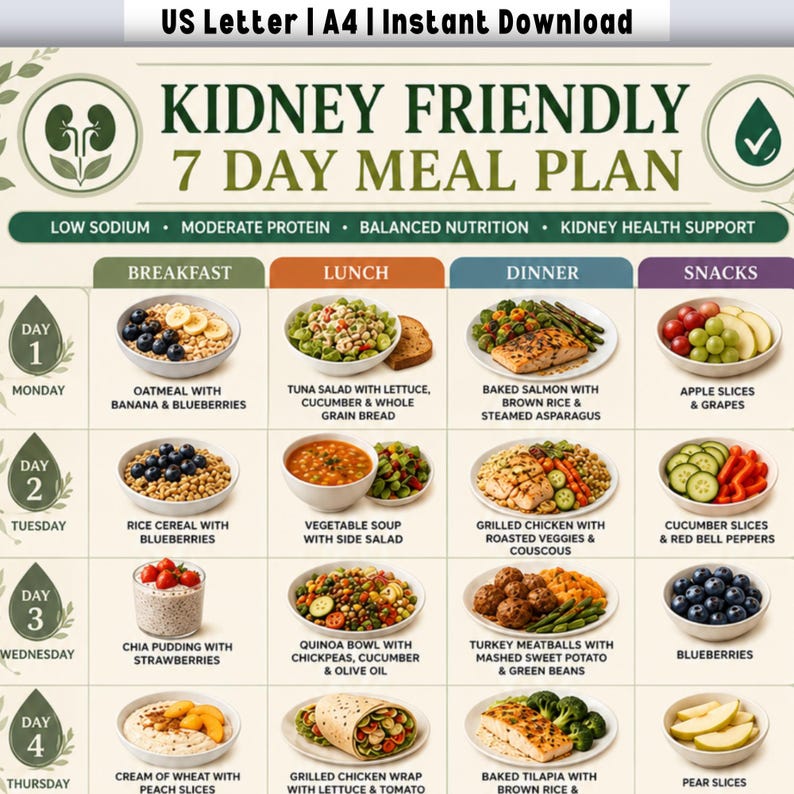 May include: A digital meal plan chart titled Kidney Friendly 7 Day Meal Plan with text indicating US Letter and A4 sizes. The grid displays daily breakfast, lunch, dinner, and snack options featuring images of various healthy food items.