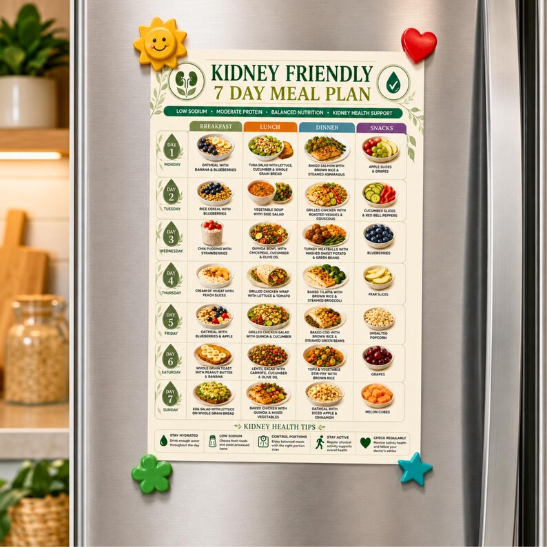 May include: A rectangular magnetic chart titled Kidney Friendly 7 Day Meal Plan with a grid layout showing daily food options for breakfast, lunch, dinner, and snacks. The chart features colourful food illustrations, text descriptions, and health tips.