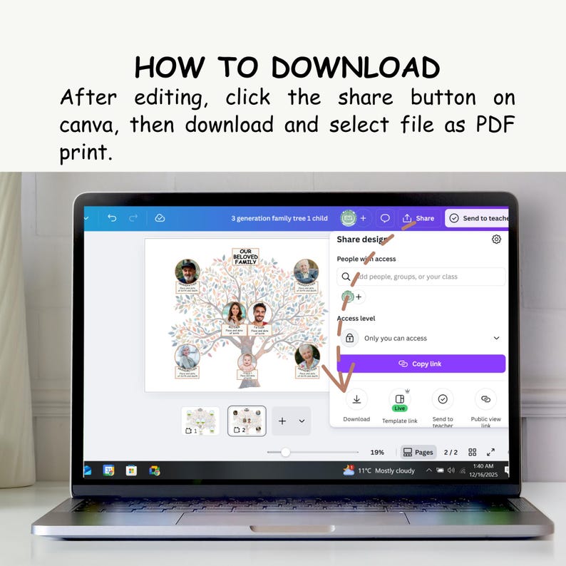 Editable Family Tree Template With Photos|3 Generations Canva Printable ...