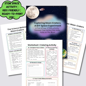 以下が含まれることがあります： 「Exploring Moon Craters」というタイトルの、テキストとイラストが描かれた教育用STEMアクティビティシート。ワークシート、塗り絵、記憶術が含まれています。月のグラフィックと「STEM SPACE ACTIVITY | KIDS FRIENDLY | READY-TO-PRINT PDF」というテキストが特徴です。