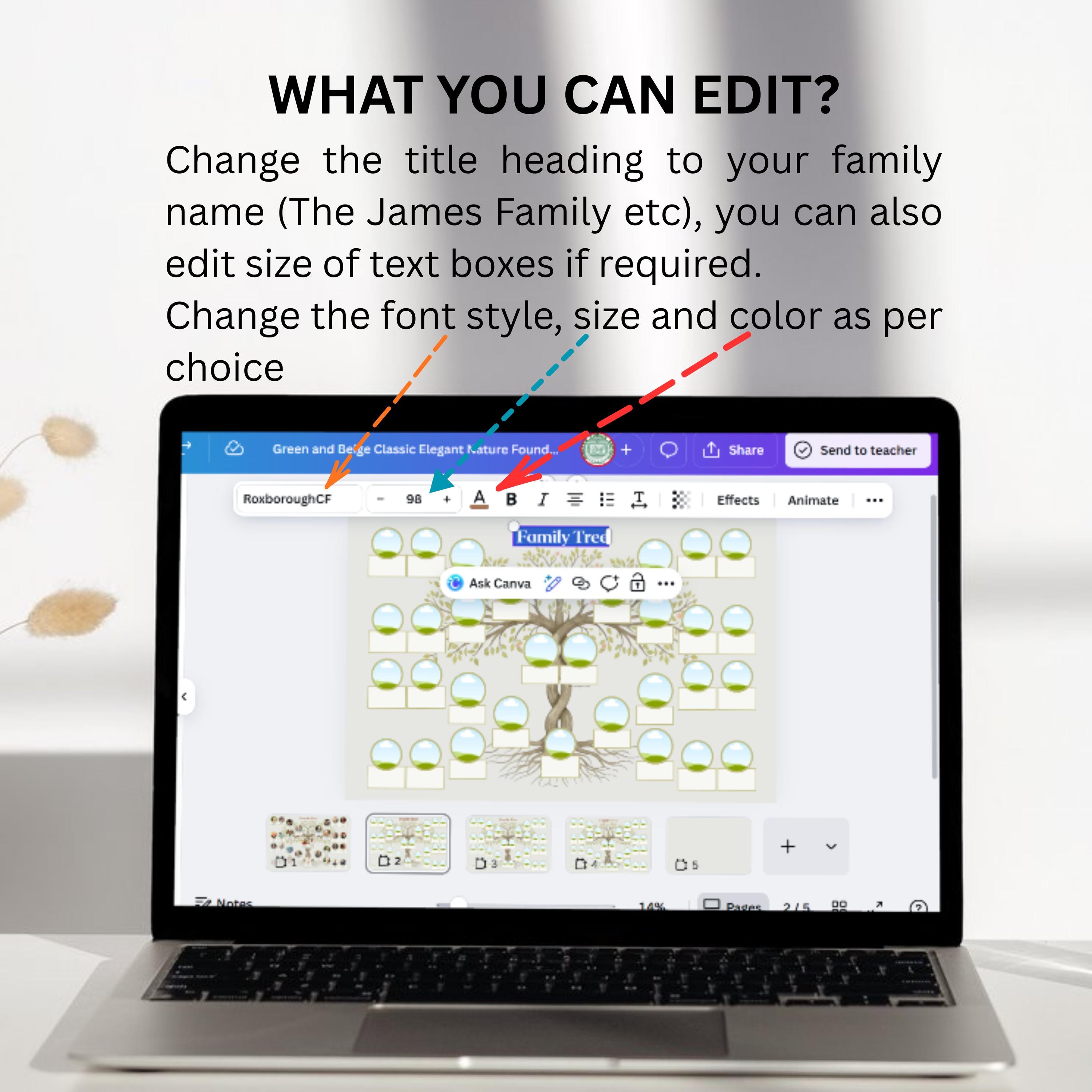 Family Tree Template With Photos, Editable 5 Generations Canva Poster ...