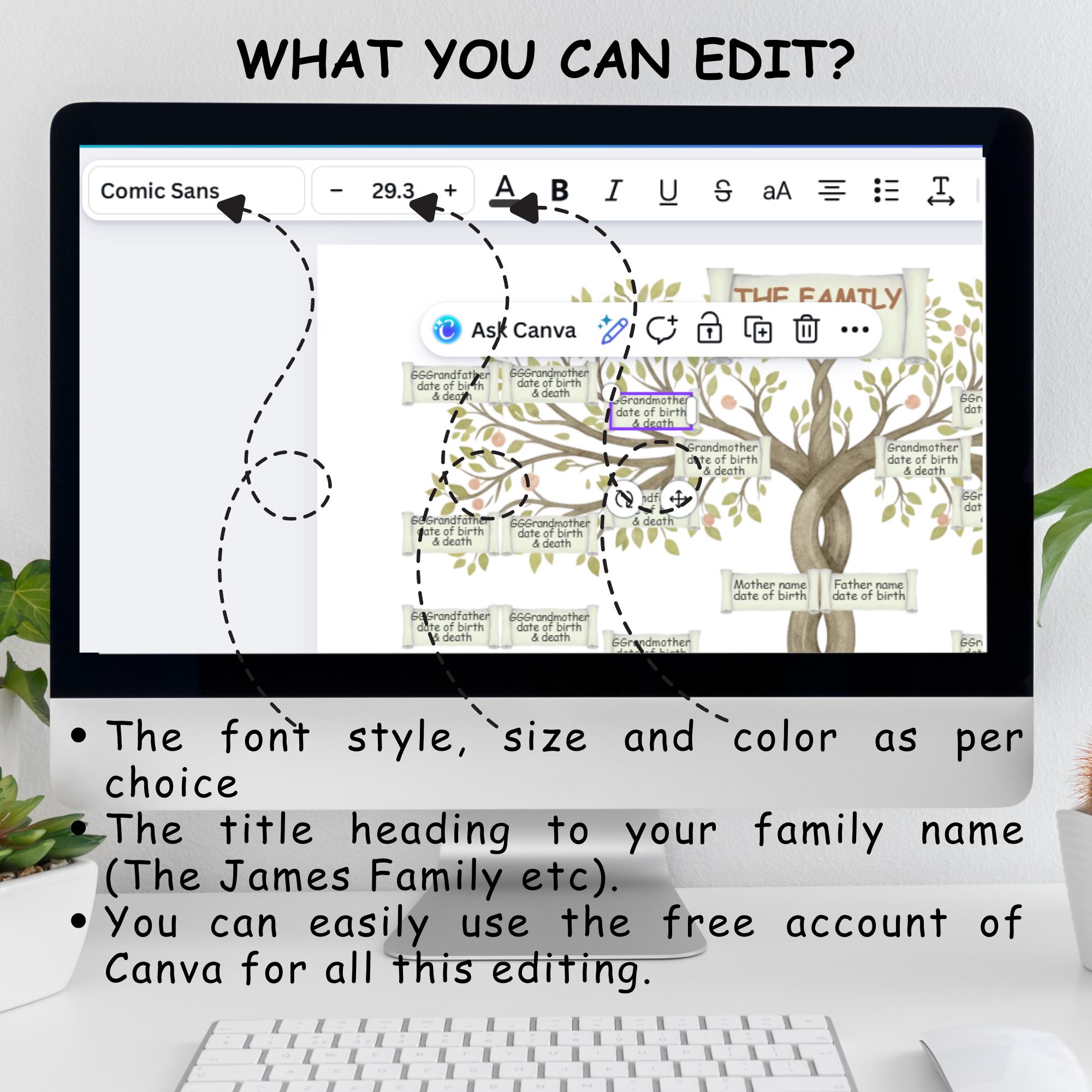 Family Tree Template 5 Generation | Editable Canva Pedigree Chart ...
