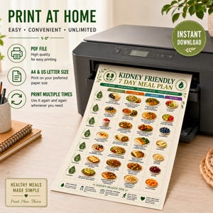 May include: A black printer outputting a printed document titled Kidney Friendly 7 Day Meal Plan. The document features a grid of daily food images for breakfast, lunch, dinner, and snacks, along with text detailing healthy meal tips and guidelines.