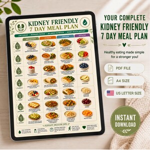 May include: A digital tablet displaying a Kidney Friendly 7 Day Meal Plan with a grid of daily breakfast, lunch, dinner, and snack options. The document includes text headers, food illustrations, and icons. Side text indicates PDF file, A4 size, and US letter size.