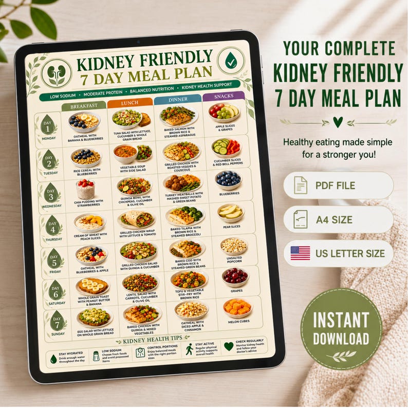 May include: A digital tablet displaying a Kidney Friendly 7 Day Meal Plan with a grid of daily breakfast, lunch, dinner, and snack options. The document includes text headers, food illustrations, and icons. Side text indicates PDF file, A4 size, and US letter size.