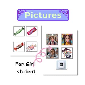 May include: A collage of images, including candy wrappers, and pictures of girls. The text "Pictures" is at the top, and "For Girl student" is at the bottom. The images include a digital clock.
