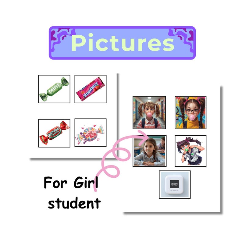 May include: A collage of images, including candy wrappers, and pictures of girls. The text "Pictures" is at the top, and "For Girl student" is at the bottom. The images include a digital clock.