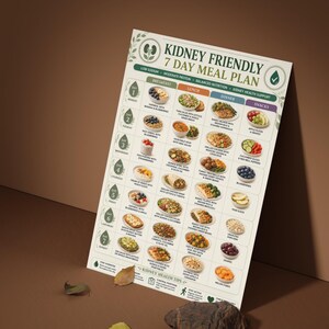 May include: A printed 7-day kidney friendly meal plan chart on white paper with green accents. The grid displays daily breakfast, lunch, dinner, and snack options with food images, text labels, and a section for kidney health tips at the bottom.