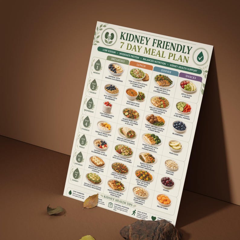 May include: A printed 7-day kidney friendly meal plan chart on white paper with green accents. The grid displays daily breakfast, lunch, dinner, and snack options with food images, text labels, and a section for kidney health tips at the bottom.