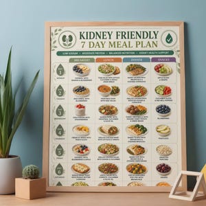 May include: A framed wall chart titled Kidney Friendly 7 Day Meal Plan, featuring a grid layout with daily meal suggestions for breakfast, lunch, dinner, and snacks. The chart includes text descriptions and small circular images of food items.