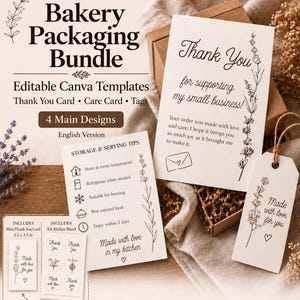 Könnte beinhalten: Ein Bäckerei-Verpackungsset mit bearbeitbaren Canva-Vorlagen, einschließlich Dankeskarten, Pflegehinweiskarten und Anhängern. Die Designs zeigen Lavendelillustrationen, schwarzen Text und verschiedene Anweisungen.
