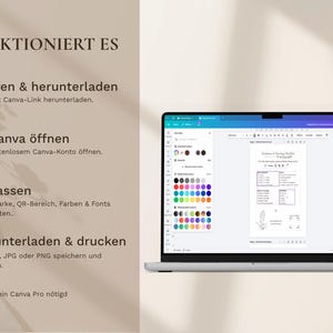 Pode incluir: Um laptop exibe um documento com um design de lista de verifica&ccedil;&atilde;o, com uma paleta de cores &agrave; esquerda. A tela mostra as etapas: Comprar e baixar, Abrir no Canva, Personalizar e Baixar e imprimir.