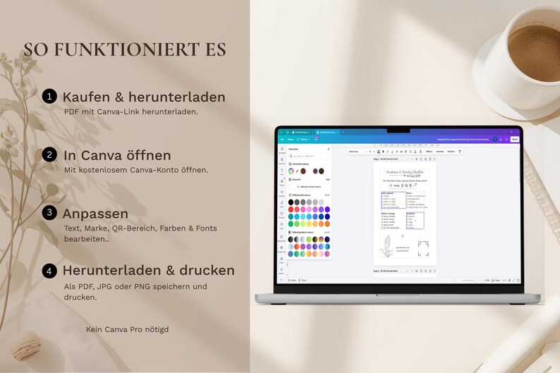 Pode incluir: Um laptop exibe um documento com um design de lista de verifica&ccedil;&atilde;o, com uma paleta de cores &agrave; esquerda. A tela mostra as etapas: Comprar e baixar, Abrir no Canva, Personalizar e Baixar e imprimir.