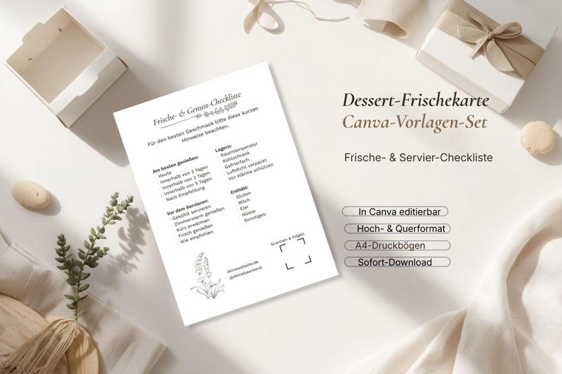 Pode incluir: Uma lista de verifica&ccedil;&atilde;o branca com texto em alem&atilde;o, intitulada "Dessert-Frischekarte Canva-Vorlagen-Set". A lista inclui se&ccedil;&otilde;es para frescor e servi&ccedil;o, com uma ilustra&ccedil;&atilde;o floral. A imagem tamb&eacute;m inclui uma caixa de presente, uma caixa pequena e elementos decorativos.