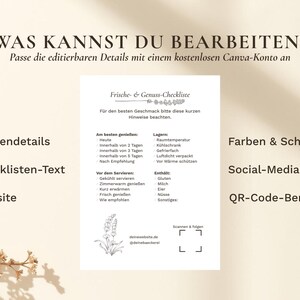 Pode incluir: Gr&aacute;fico bege com texto em alem&atilde;o, incluindo "WAS KANNST DU BEARBEITEN?" e uma lista de verifica&ccedil;&atilde;o intitulada "Frische & Genuss-Checkliste". A imagem tamb&eacute;m apresenta um c&oacute;digo QR e um raminho floral.