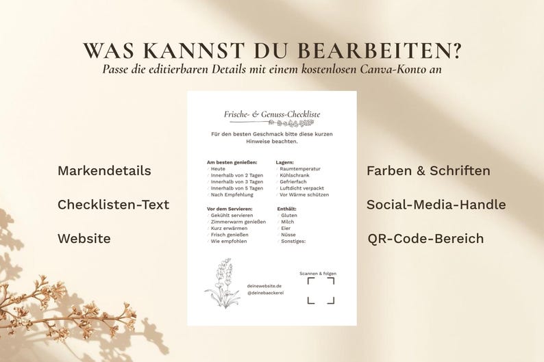 Pode incluir: Gr&aacute;fico bege com texto em alem&atilde;o, incluindo "WAS KANNST DU BEARBEITEN?" e uma lista de verifica&ccedil;&atilde;o intitulada "Frische & Genuss-Checkliste". A imagem tamb&eacute;m apresenta um c&oacute;digo QR e um raminho floral.