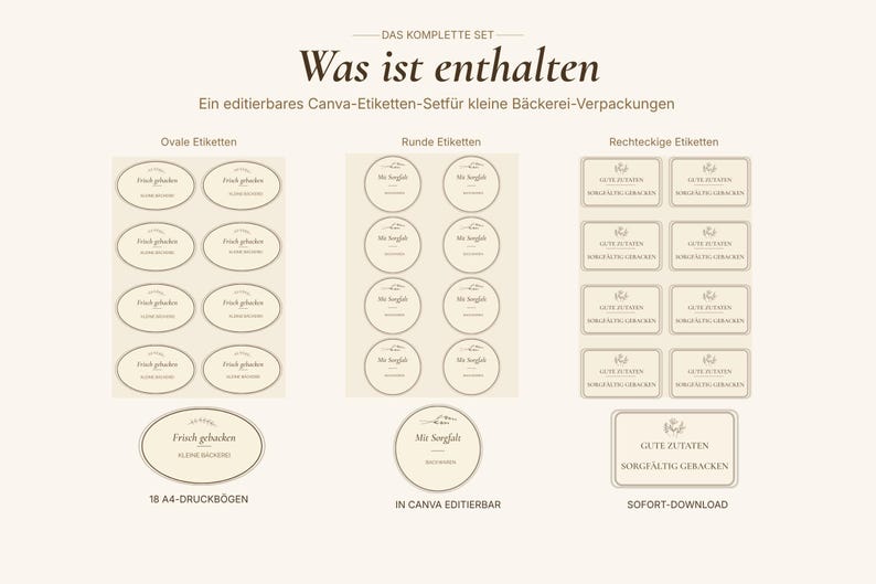 May include: A beige Canva label set for small bakery packaging. The set includes oval, round, and rectangular labels with German text. The text includes "Was ist enthalten", "Frisch gebacken", and "Gute Zutaten".