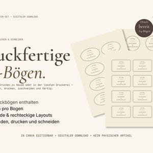 May include: Printable A4 label sheets with oval and rectangular designs. The sheets are beige with brown text, and the text includes "Druckfertige A4-B&ouml;gen" and "B&auml;ckerei-Etiketten-Set". The dimensions are 210 x 297 mm.
