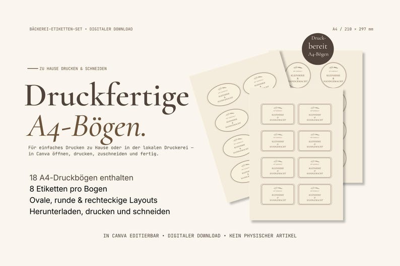 May include: Printable A4 label sheets with oval and rectangular designs. The sheets are beige with brown text, and the text includes "Druckfertige A4-B&ouml;gen" and "B&auml;ckerei-Etiketten-Set". The dimensions are 210 x 297 mm.