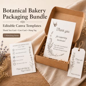 Paquete de empaques para panadería / Plantillas editables de Canva / Tarjeta de agradecimiento en 2 tamaños, tarjeta de cuidado, etiqueta colgante, hoja de pegatinas / Negocio de galletas
