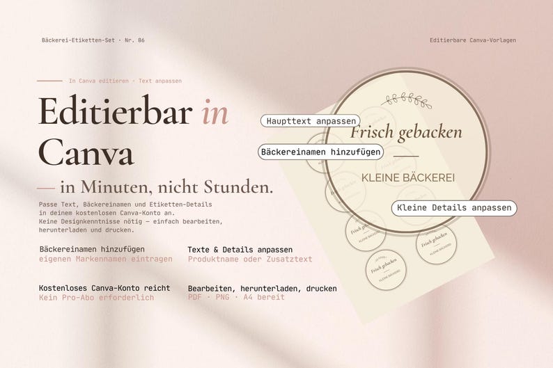 May include: A light pink graphic with German text, promoting editable Canva templates for bakery labels. The design includes a circular label with the words "Frisch gebacken" and "Kleine B&auml;ckerei."