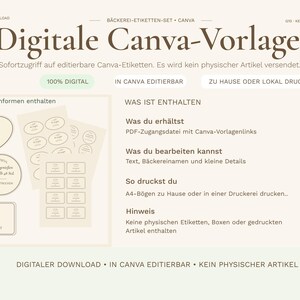 May include: Digital Canva template with editable labels. The image shows label designs in various shapes, including ovals, circles, and rectangles. Text on the labels includes phrases like "Wir backen" and "Handgemacht". The text "100% DIGITAL" is also visible.