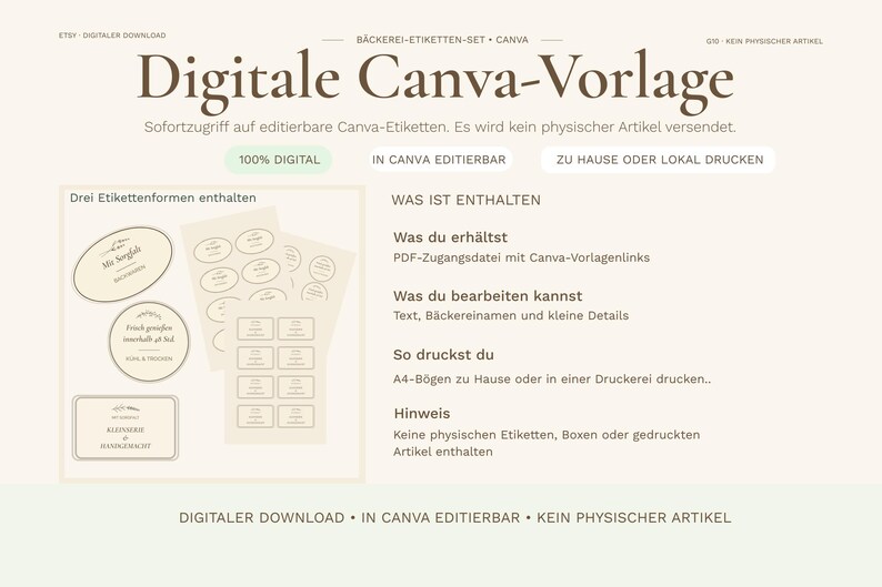 May include: Digital Canva template with editable labels. The image shows label designs in various shapes, including ovals, circles, and rectangles. Text on the labels includes phrases like "Wir backen" and "Handgemacht". The text "100% DIGITAL" is also visible.