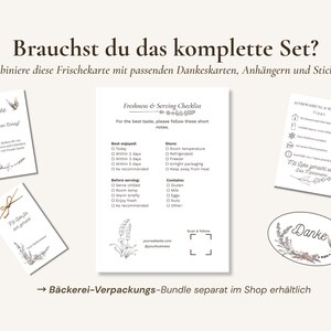 Pode incluir: Um conjunto de cart&otilde;es e autocolantes brancos com ilustra&ccedil;&otilde;es bot&acirc;nicas e texto. Os cart&otilde;es incluem frases como "Freshness & Serving Checklist" e "Danke". A imagem tamb&eacute;m inclui o texto "Brauchst du das komplette Set?"
