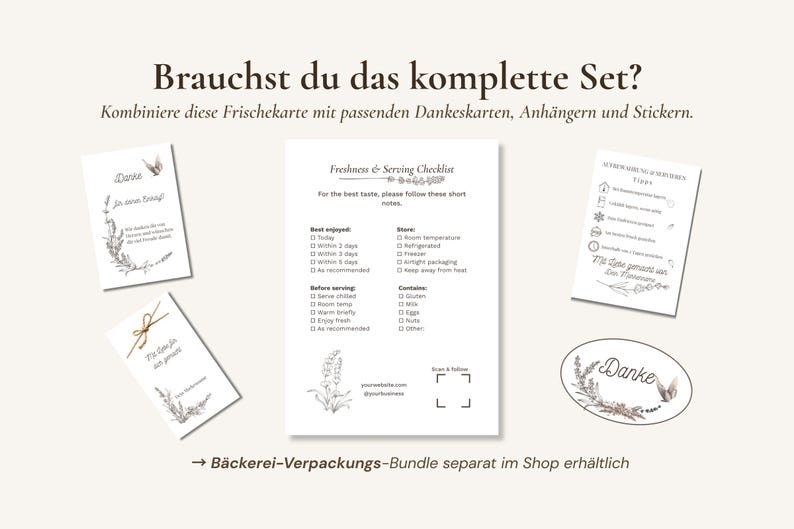 Pode incluir: Um conjunto de cart&otilde;es e autocolantes brancos com ilustra&ccedil;&otilde;es bot&acirc;nicas e texto. Os cart&otilde;es incluem frases como "Freshness & Serving Checklist" e "Danke". A imagem tamb&eacute;m inclui o texto "Brauchst du das komplette Set?"