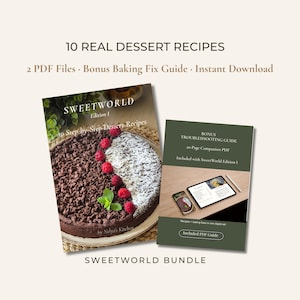 Könnte beinhalten: Ein digitales Paket mit 10 echten Dessertrezepten in zwei PDF-Dateien und einem Bonus-Backhilfe-Leitfaden. Das Cover zeigt eine mit Himbeeren und Puderzucker garnierte Schokoladentarte sowie ein Tablet, das einen Fehlerbehebungsleitfaden anzeigt.