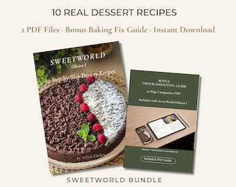 May include: A digital bundle featuring 10 real dessert recipes across two PDF files and a bonus baking fix guide. The cover displays a chocolate tart topped with raspberries and powdered sugar, alongside a tablet showing a troubleshooting guide.