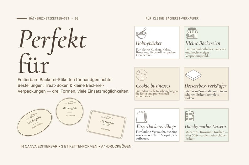 May include: A beige graphic with text and illustrations for bakery businesses. The text reads "Perfekt f&uuml;r" and lists editable bakery labels for handmade orders, treat boxes, and small bakery packaging. Includes label shapes and icons.
