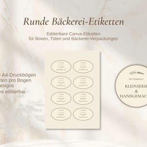 May include: A sheet of oval-shaped bakery labels with text and a round label with text. The labels are designed for boxes, bags, and bakery packaging. The text includes "Runde B&auml;ckerei-Etiketten" and "Kleinserie & Handgemacht."