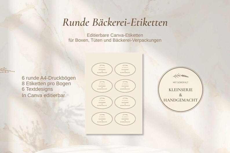 May include: A sheet of oval-shaped bakery labels with text and a round label with text. The labels are designed for boxes, bags, and bakery packaging. The text includes "Runde B&auml;ckerei-Etiketten" and "Kleinserie & Handgemacht."