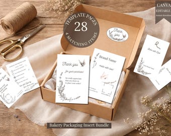 Paquete de insertos para empaques de panadería / Tarjeta de agradecimiento, tarjeta de cuidado, etiqueta colgante, hoja de pegatinas / Plantilla editable de Canva / Pequeña panadería