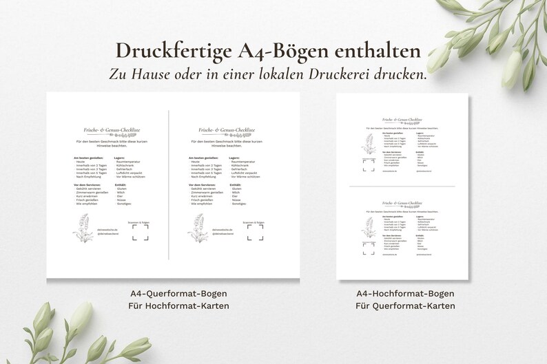 Pode incluir: Duas folhas A4 brancas com texto e uma ilustra&ccedil;&atilde;o floral, uma em orienta&ccedil;&atilde;o paisagem e outra em retrato. O texto inclui a frase "Folhas A4 imprim&iacute;veis inclu&iacute;das" e instru&ccedil;&otilde;es de impress&atilde;o.