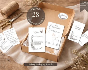 Bäckerei Verpackungs-Bundle | Dankeskarte, Pflegekarte, Anhänger e Stickerbogen | Editar Canva Vorlage | Baixar Sofort