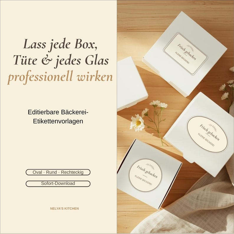 May include: White bakery boxes with oval and round labels that read "Frisch gebacken Kleine B&auml;ckerei". The image also includes text that says "Lass jede Box, T&uuml;te & jedes Glas professionell wirken" and "Editierbare B&auml;ckerei-Etikettenvorlagen".