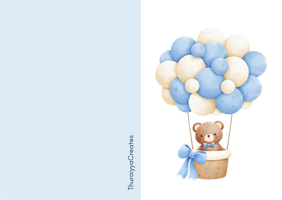 Baby Boy Greeting Card: Teddy Bear in Hot Air Balloon (digital Download ...