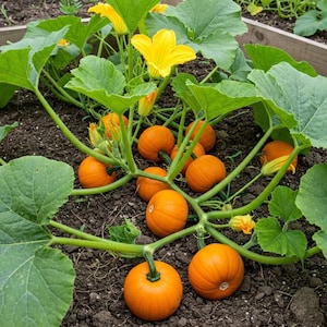 May include: A patch of miniature orange pumpkins growing in dark soil, surrounded by large green leaves and yellow flowers. The pumpkins are round and have green stems. The plants are in a garden bed.