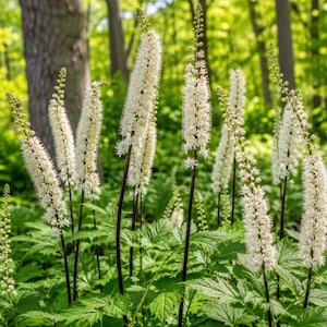 May include: A cluster of tall, slender white flower spikes rising from dark, thin stems. Each spike is densely covered in tiny, star-shaped white blossoms. The flowers are surrounded by lush, serrated green foliage in a natural outdoor setting.