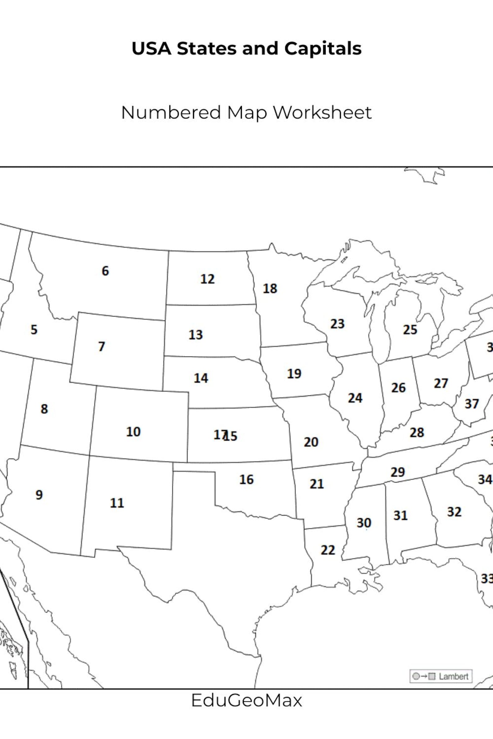 USA States and Capitals Map Worksheet | Geography Printable PDF With ...