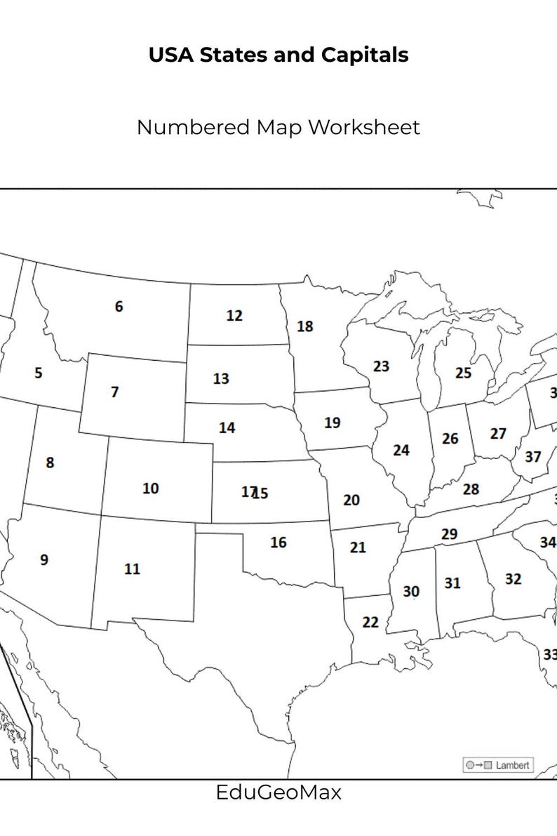 USA States and Capitals Map Worksheet | Geography Printable PDF With ...