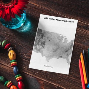 May include: A still-life arrangement featuring a red gerbera daisy in a blue glass vase, a colorful beaded necklace, a worksheet titled "USA Relief Map Worksheet," and several colored pencils. The items are arranged on a dark wooden surface.