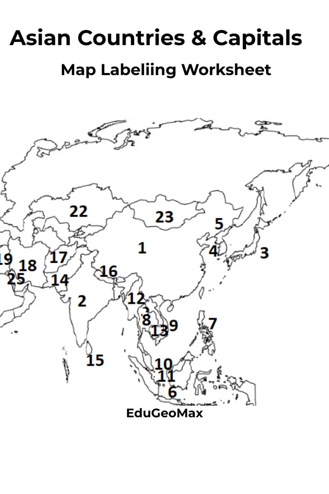 Asian Countries and Capitals Worksheet | Asia Map Labeling Activity ...