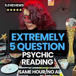 May include: Image promoting a psychic reading service. Text reads "EXTREMELY 5 QUESTION PSYCHIC READING SAME HOUR/NO AI." The image includes a person wearing a mask, tarot cards, and a trophy.