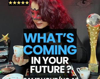 May include: Image features the text "WHAT'S COMING IN YOUR FUTURE? SAME HOUR/NO AI" in large blue letters. A person wearing a mask holds a coffee cup. Tarot cards and a trophy are also visible.
