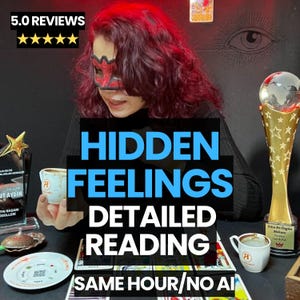 May include: Image with the text "HIDDEN FEELINGS DETAILED READING SAME HOUR/NO AI". The image shows a person wearing a mask, holding a cup of coffee, and surrounded by tarot cards and trophies. The background is dark.