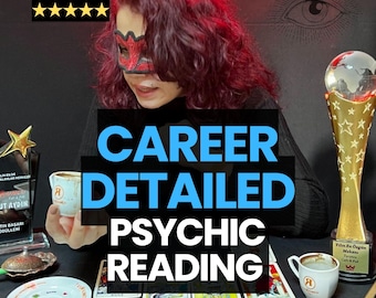 Pode incluir: Imagem que promove leituras psíquicas. A sobreposição de texto diz "CAREER DETAILED PSYCHIC READING" e "SAME HOUR/NO AI". A imagem inclui uma pessoa com uma máscara, segurando uma xícara de café e um troféu. O canto superior esquerdo mostra "5.0 REVIEWS" com cinco estrelas.
