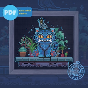 May include: Cross-stitch pattern featuring a blue cat with orange eyes, a bird, and potted plants. The design is framed and includes the text "PDF Cross-stitch Pattern" and "Goblin's Cave Club". The cat has a hat and is surrounded by stars.